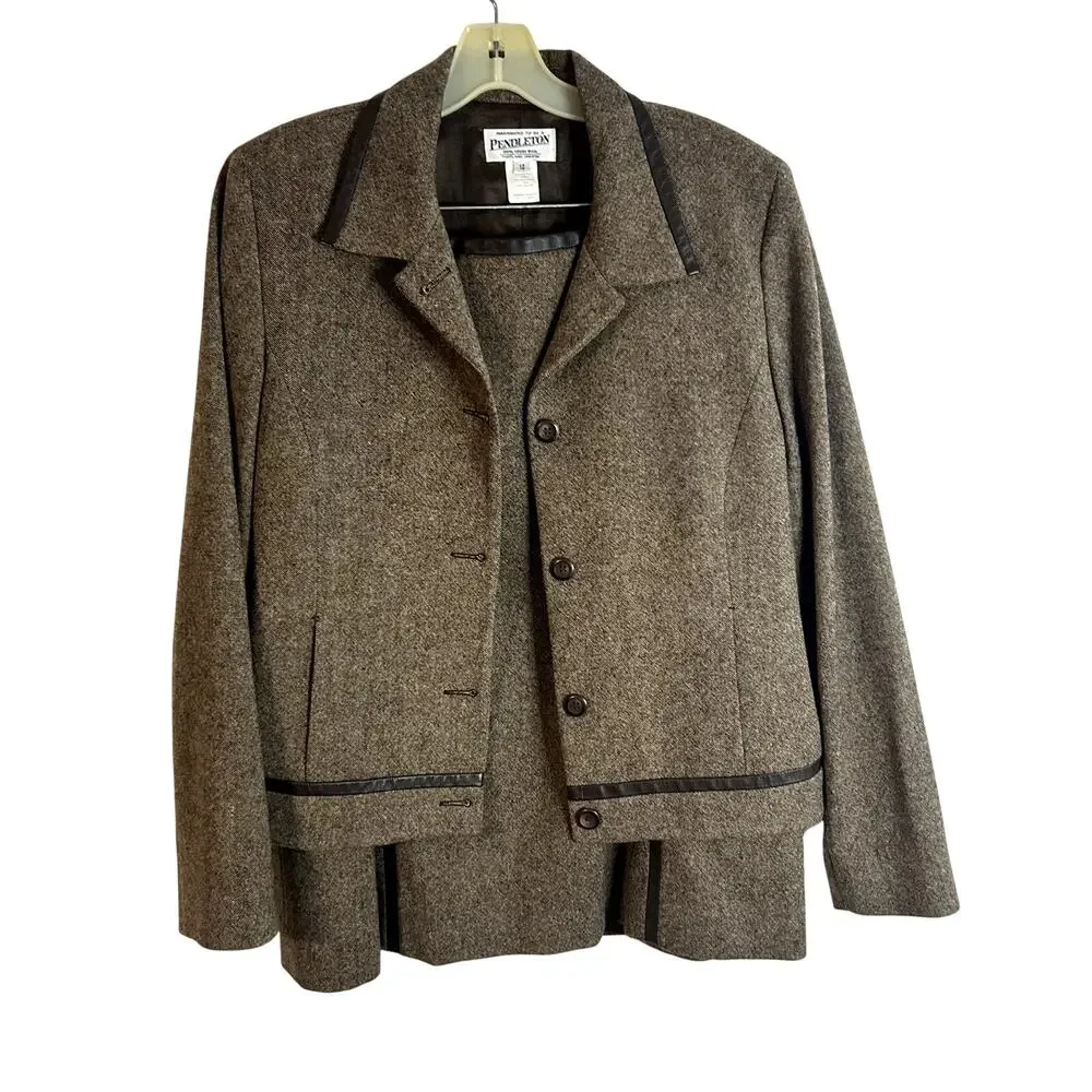 Pendleton Vintage Wool and Leather Blazer Skirt Suit Set Womens Size 12 Brown